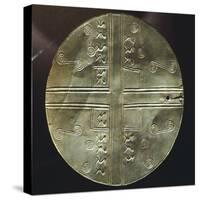 Gold Embossed Disk Showing Geometric Motifs and a Pair of Stylized Birds-null-Stretched Canvas