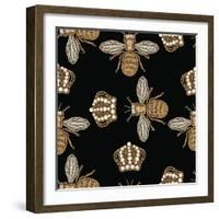 Gold Embroidery Bee and Crown on a Black Background.-Daria Kozlovskikh-Framed Art Print