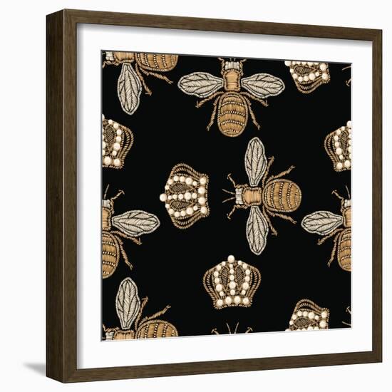 Gold Embroidery Bee and Crown on a Black Background.-Daria Kozlovskikh-Framed Art Print