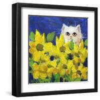 Gold Eye White Persian in Yellow Flowers-sylvia pimental-Framed Art Print