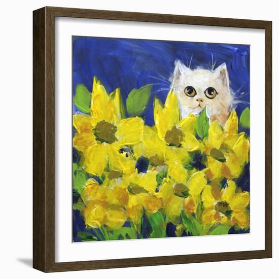 Gold Eye White Persian in Yellow Flowers-sylvia pimental-Framed Art Print
