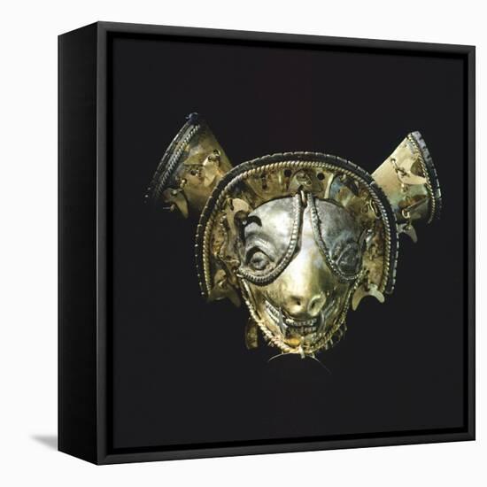 Gold Feline Mask with Platinum Eyes, Originating from La Tolita-null-Framed Stretched Canvas