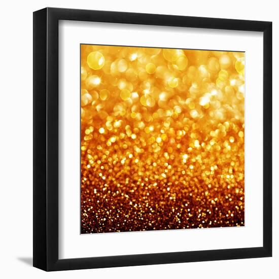 Gold Festive Background - Abstract Golden Christmas and New Year Bokeh Blinking Background-Subbotina Anna-Framed Art Print