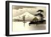 Gold Japanische Landschaft, Boote, Hütte, Vögel-null-Framed Giclee Print