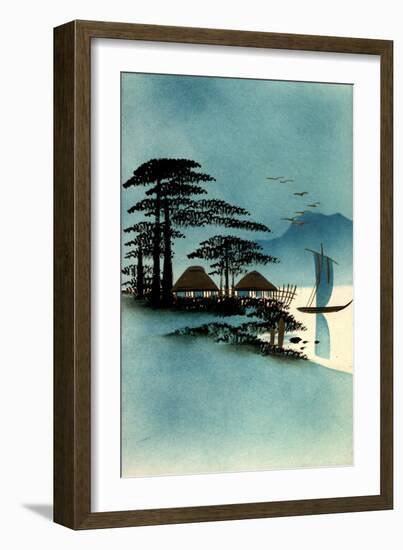 Gold Japanische Landschaft, Boote, Hütten-null-Framed Giclee Print