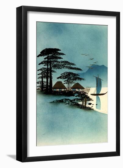 Gold Japanische Landschaft, Boote, Hütten-null-Framed Giclee Print