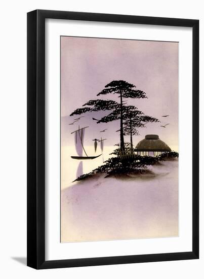Gold Japanische Landschaft, Hütte, Boot-null-Framed Giclee Print