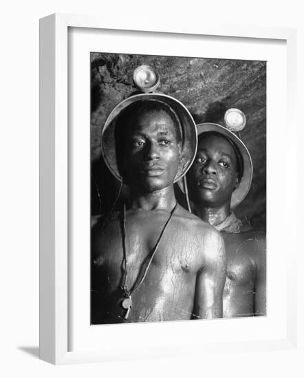 Gold Miners, Wearing Helmets and Perspiring Heavily, Standing in Robinson Deep Diamond Mine Tunnel-Margaret Bourke-White-Framed Photographic Print