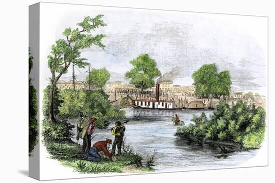 Gold Rush: City of Marysville, California, 1850. by the River, Men are Looking for Gold. Colouring-null-Stretched Canvas