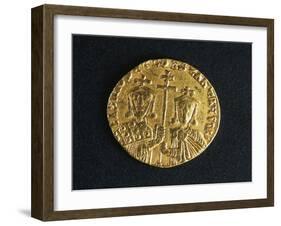 Gold Solidus of Basil I and His Son Constantine Depicting Emperor and His Son-null-Framed Giclee Print