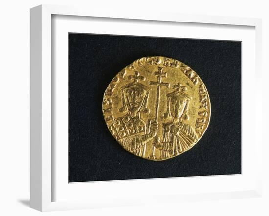 Gold Solidus of Basil I and His Son Constantine Depicting Emperor and His Son-null-Framed Giclee Print