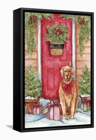 Golden at Christmas Door-Melinda Hipsher-Framed Stretched Canvas