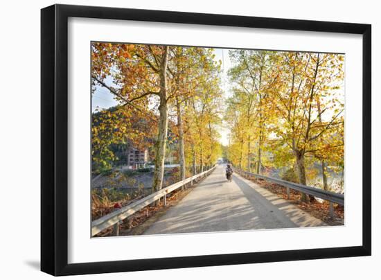 Golden Autumn Colors with Motorbike in an Alley of a Village Near Qiandao Lake-Andreas Brandl-Framed Photographic Print