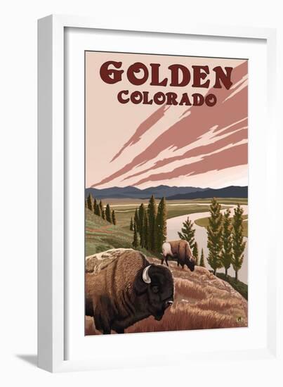 Golden, Colorado - Bison and River-Lantern Press-Framed Art Print