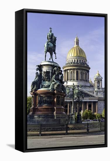 Golden Dome of St. Isaac's Cathedral Built in 1818 and the Equestrian Statue of Tsar Nicholas-Gavin Hellier-Framed Stretched Canvas