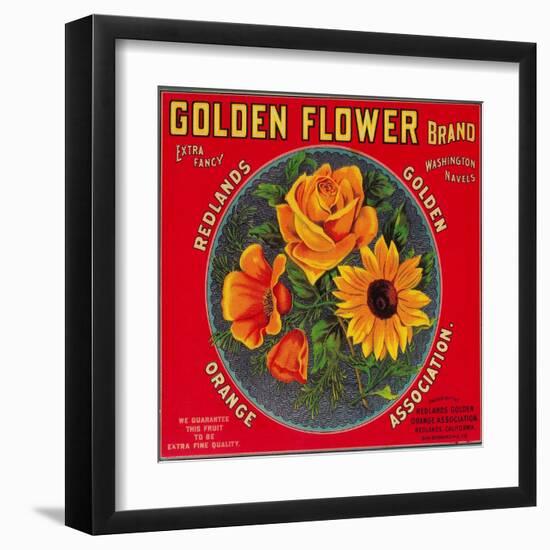 Golden Flower Orange Label - Redlands, CA-Lantern Press-Framed Art Print