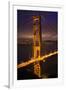 Golden Gate Bridge, Night Vertical with Lights of San Francisco, California in Background-William Perry-Framed Photographic Print