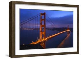 Golden Gate Bridge Sunset Pink Skies Evening with Lights of San Francisco, California in Background-William Perry-Framed Photographic Print