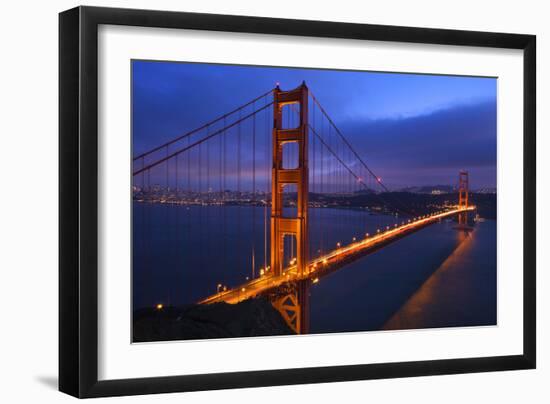 Golden Gate Bridge Sunset Pink Skies Evening with Lights of San Francisco, California in Background-William Perry-Framed Photographic Print