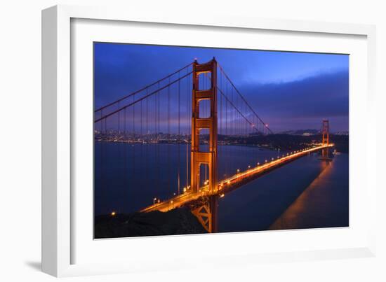 Golden Gate Bridge Sunset Pink Skies Evening with Lights of San Francisco, California in Background-William Perry-Framed Photographic Print