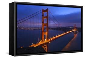 Golden Gate Bridge Sunset Pink Skies Evening with Lights of San Francisco, California in Background-William Perry-Framed Stretched Canvas