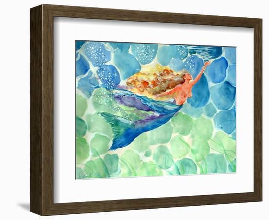 Golden Hair Blue Swimming Mermaid-sylvia pimental-Framed Art Print