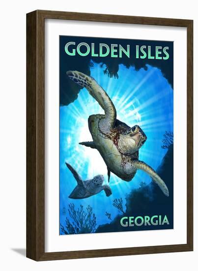 Golden Isles, Georgia - Sea Turtle Diving-Lantern Press-Framed Art Print