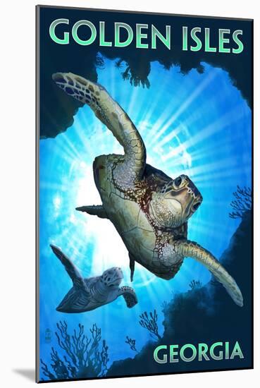 Golden Isles, Georgia - Sea Turtle Diving-Lantern Press-Mounted Art Print