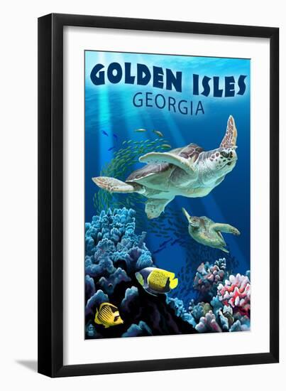 Golden Isles, Georgia - Sea Turtle Swimming-Lantern Press-Framed Art Print