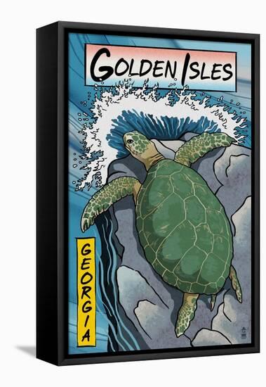 Golden Isles, Georgia - Sea Turtles Woodblock Print-Lantern Press-Framed Stretched Canvas