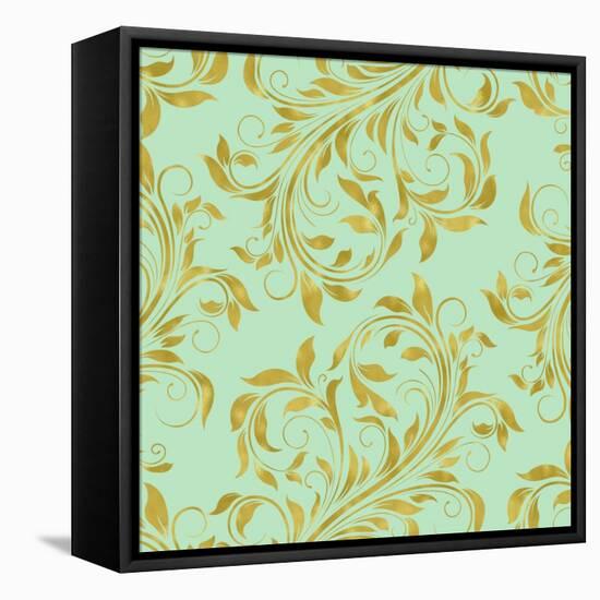 Golden Mint Damask I-Tina Lavoie-Framed Stretched Canvas