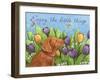 Golden Pup Enjoy Tulips-Melinda Hipsher-Framed Giclee Print