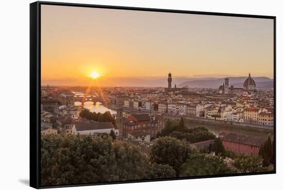 Golden Rays over the Ponte Vecchio and Duomo as the Sun Sets over Florence-Aneesh Kothari-Framed Stretched Canvas