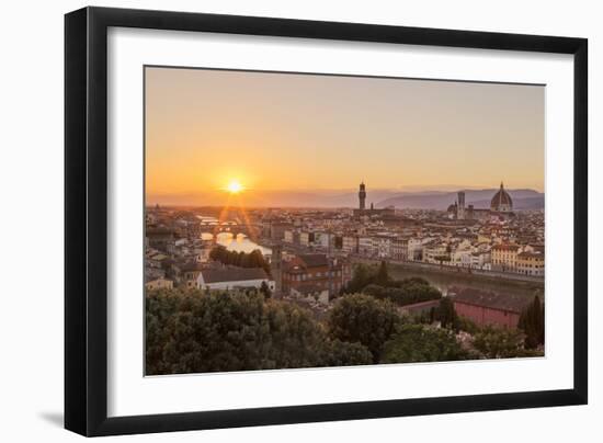 Golden Rays over the Ponte Vecchio and Duomo as the Sun Sets over Florence-Aneesh Kothari-Framed Photographic Print