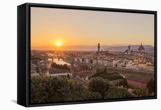 Golden Rays over the Ponte Vecchio and Duomo as the Sun Sets over Florence-Aneesh Kothari-Framed Stretched Canvas