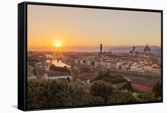 Golden Rays over the Ponte Vecchio and Duomo as the Sun Sets over Florence-Aneesh Kothari-Framed Stretched Canvas