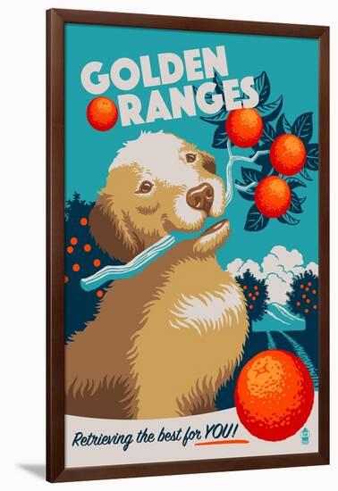 Golden Retriever - Retro Oranges Ad-Lantern Press-Framed Art Print