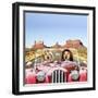 Golden Retrievers Driving Car Through Desert Scene-null-Framed Photographic Print