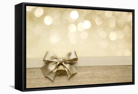 Golden Ribbon Bow with Bokeh, Christmas Decoration-Liang Zhang-Framed Stretched Canvas