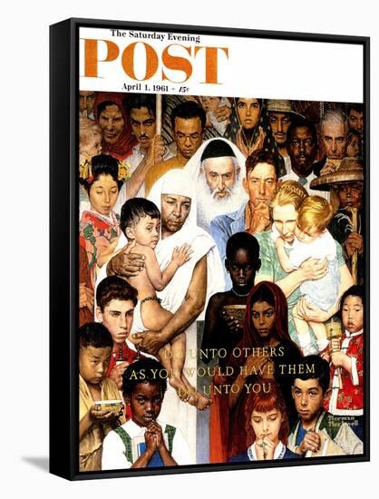 "Golden Rule" (Do unto others) Saturday Evening Post Cover, April 1,1961-Norman Rockwell-Framed Stretched Canvas