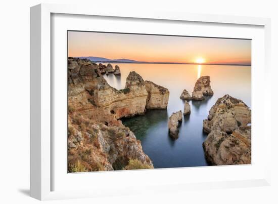 Golden sunrise on the  red cliffs of Ponta da Piedade Lagos Algarve Portugal Europe-ClickAlps-Framed Photographic Print