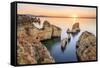 Golden sunrise on the  red cliffs of Ponta da Piedade Lagos Algarve Portugal Europe-ClickAlps-Framed Stretched Canvas