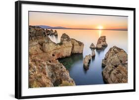 Golden sunrise on the  red cliffs of Ponta da Piedade Lagos Algarve Portugal Europe-ClickAlps-Framed Premium Photographic Print