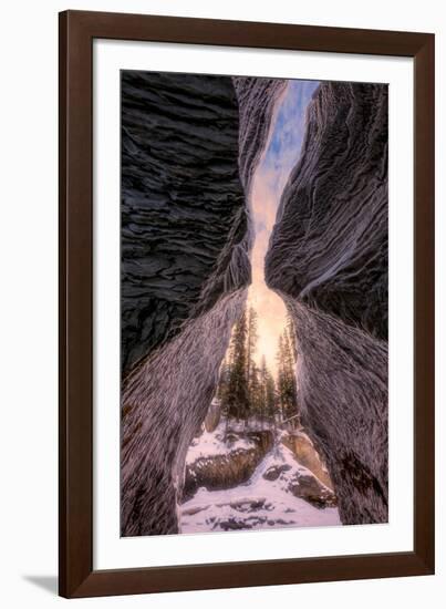 Golden sunset in Yoho National Park at Natural Bridges with snow and ice during winter-David Chang-Framed Photographic Print