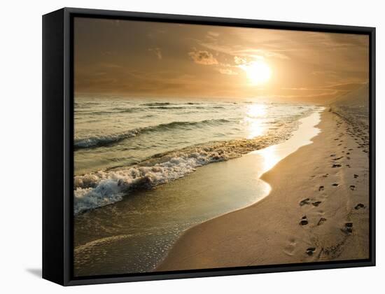 Golden Sunset on the Sea Shore and Footprints in the Sand-ollirg-Framed Stretched Canvas