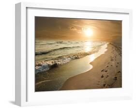 Golden Sunset on the Sea Shore and Footprints in the Sand-ollirg-Framed Photographic Print