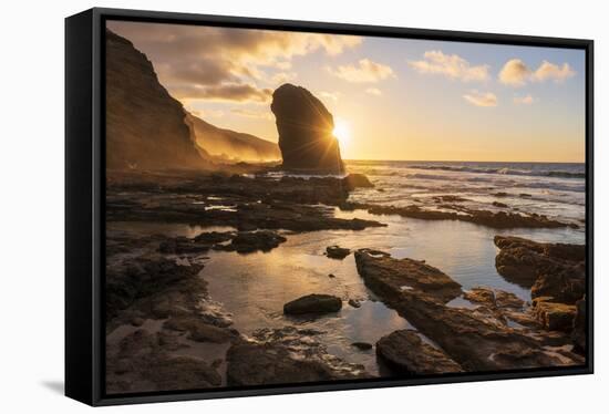 Golden sunset over the giant monolith of Roque Del Moro, Cofete beach-Roberto Moiola-Framed Stretched Canvas