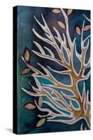 Golden Tree Branches with Leaves, Turquoise, Hot Batik, Background Texture, Handmade on Silk, Abstr-Sergey Kozienko-Stretched Canvas