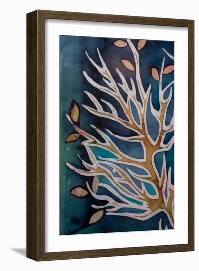 Golden Tree Branches with Leaves, Turquoise, Hot Batik, Background Texture, Handmade on Silk, Abstr-Sergey Kozienko-Framed Art Print