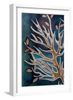 Golden Tree Branches with Leaves, Turquoise, Hot Batik, Background Texture, Handmade on Silk, Abstr-Sergey Kozienko-Framed Art Print